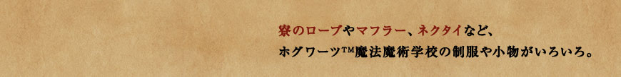 寮のローブやマフラー、ネクタイなど、ホグワーツ™魔法魔術学校の制服や小物がいろいろ。